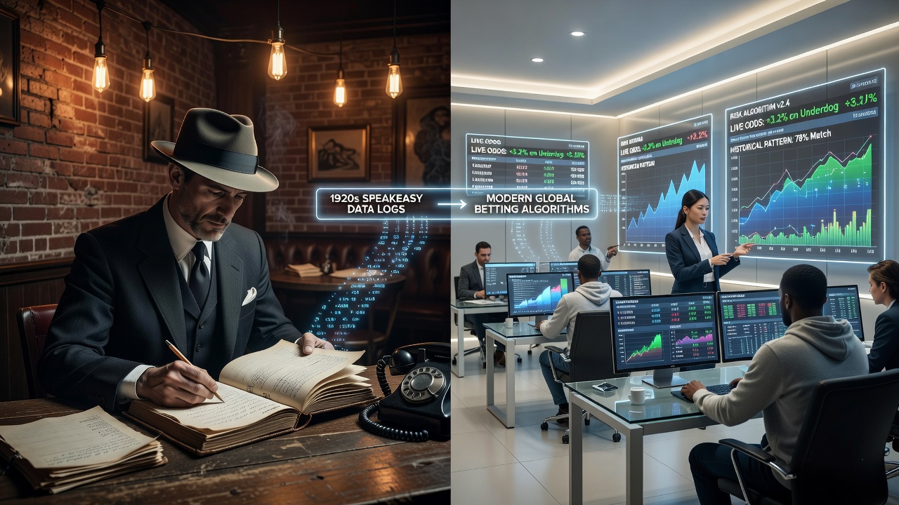 Vroege computerterminal in een casino die patronen in weddenschappen analyseert en vergelijkt met historische methoden